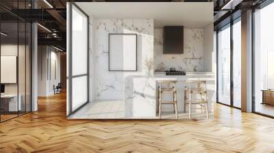 Modern kitchen interior with marble walls. a large window. a black framed poster and a wooden countertop with two bar stools Wall mural