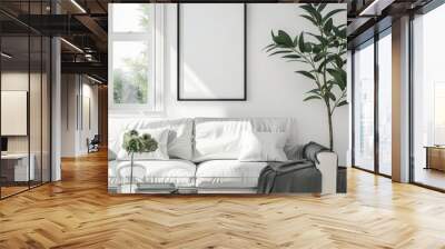 Modern living room interior with a white couch. a black frame. and a plant Wall mural