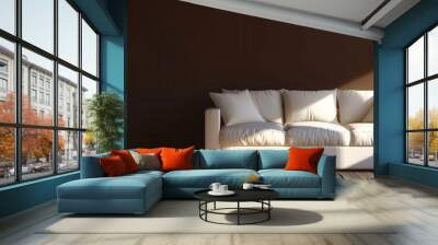 Modern living room interior with a white sofa and lamp on a brown wall background. 3D rendering. Wall mural