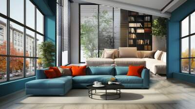 Modern living room with a large sectional sofa, a black coffee table, and a bookshelf filled with books, overlooking a lush green tree through large windows with blinds. Wall mural