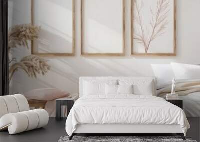 Modern minimalist bedroom interior design with three blank mock up posters on the wall. 3D rendering Wall mural