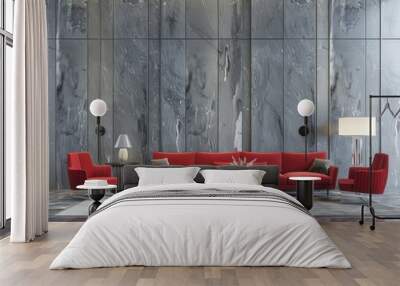 Modern minimalist interior design with red sofa and gray marble wall Wall mural