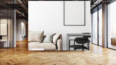 Modern minimalist living room interior with a blank picture frame mockup on a white wall, beige sofa, black coffee table, and dining table set. 3D rendering illustration. Wall mural