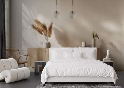 Modern minimalist living room with wooden cabinet, wicker chair, pampas grass, and two pendant lamps against a beige wall. Wall mural