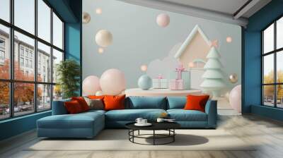 Pastel Christmas podium with gift boxes, house, and spheres on grey background. 3D Rendering Mock up Wall mural