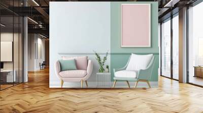 Stylish and modern interior design with two armchairs, a minimalist table, and a blank picture frame on a two toned wall. Perfect for showcasing your artwork or designs! Wall mural