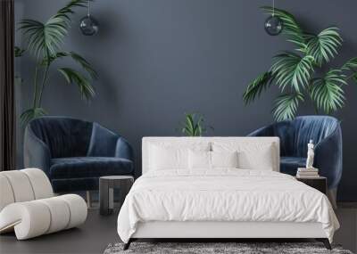 Two blue velvet armchairs with wooden legs. a small round table and two potted plants in a minimalist living room setting The background is a dark grey wall with two glass globes hanging from the ceil Wall mural