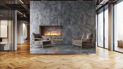 Two modern armchairs face a fireplace with flames in a contemporary living room with a concrete wall. Wall mural