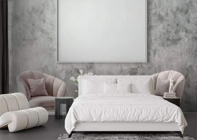 Two pink velvet armchairs with gold legs. a round coffee table with flowers in a vase. and a large empty picture frame on a gray marble wall Wall mural