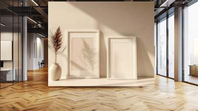 Two white picture frames with a vase of dried grass on a white table in a room with soft light Wall mural