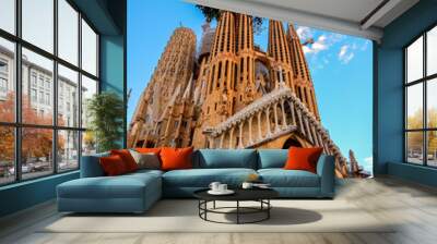 Vertical shot of the famous historic Sagrada Familia church in Barcelona, Spain Wall mural