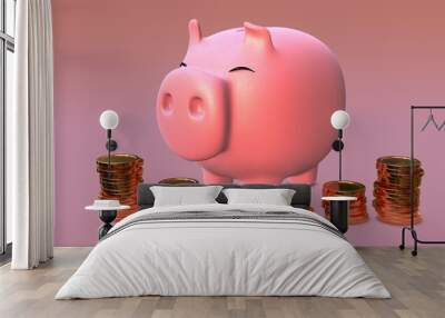 Piggy bank and coins. Savings and income concept. Wall mural