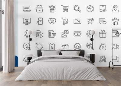 E-commerce and Shopping line editable icon set. Contains icons as mobile shop, shopping cart, testimonials, shipping and delivery, fashion and more.  Wall mural