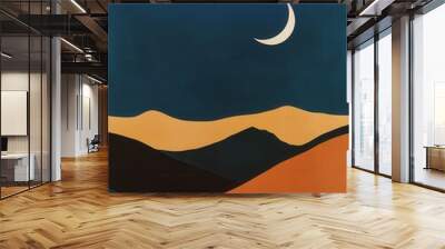 Abstract flat illustration of desert hills with a crescent moon, in dark blue and orange colors Wall mural