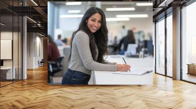 attractive hispanic woman in her late thirties, wearing business casual attire and smiling Wall mural