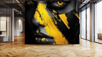 Black and yellow paint strokes, poster of dark art with brushstrokes of black woman Wall mural