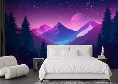 Dark synthwave landscape with mountains, trees and planets in the sky  Wall mural