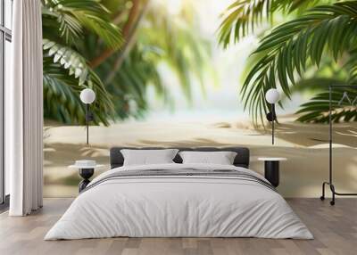 Sandy beach with palm leaves on a blurred background Wall mural