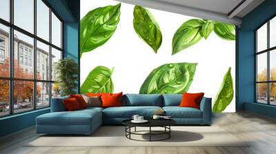 several basil leaves float in various poses, with realistic details and shadows Wall mural