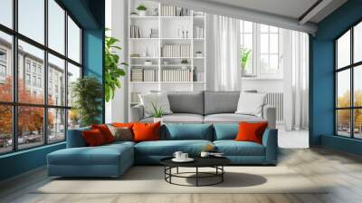 White living room with grey sofa and white bookcase against the window  Wall mural