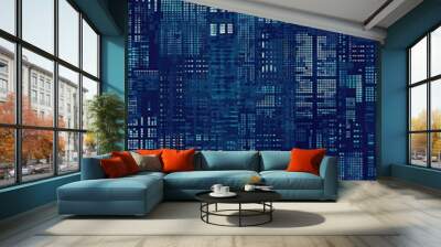 abstract blue cyberspace binary background with squares, futuristic - by generative ai Wall mural