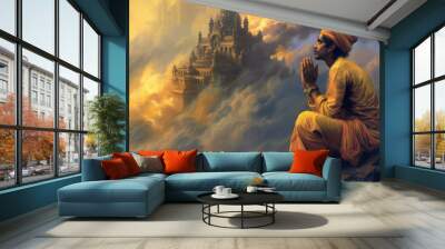 mystic praying in the mountains religious spirituality - by generative ai Wall mural