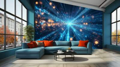 A futuristic design illustrating rapid data movement with glowing rays and dynamic explosions, capturing the essence of space travel Wall mural