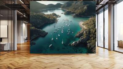 Drone view, Beautiful sea among the mountains, Ships, speedboats, boats, tourist vacation spot, AI generation 8K Wall mural