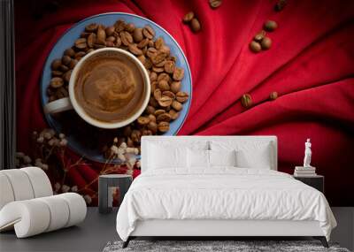 Turkish coffee with plenty of foam and coffee beans on red background Wall mural