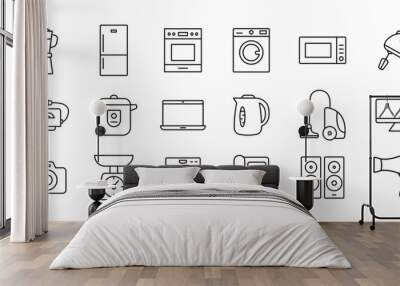 Home appliances line icon set. Washing machine, microwave oven, iron, blender, vacuum cleaner. Vector Wall mural