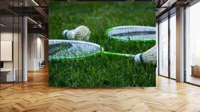 Two badminton rackets and shuttlecocks lying on green grass Wall mural