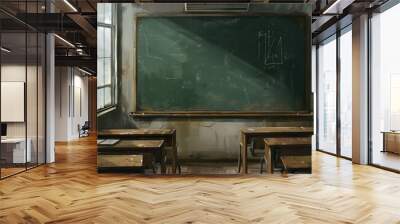 a classroom with desks and a chalkboard Wall mural