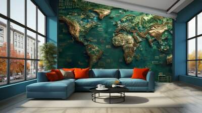 A map marks the location of countries around the world with electronic circuitry Wall mural