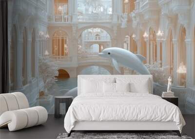 a white building with two dolphins swimming in it Wall mural