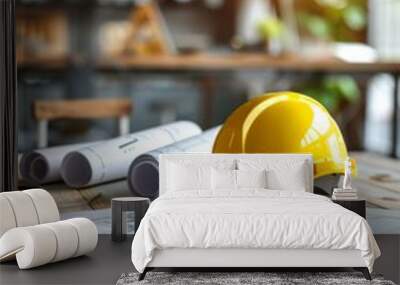 a yellow construction helmet rests atop a set of blueprints, surrounded by various architectural too Wall mural