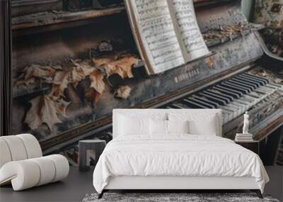 An old piano with broken keys, the music sheets on it have been torn off and thrown away, in an abandoned living room with natural light
 Wall mural