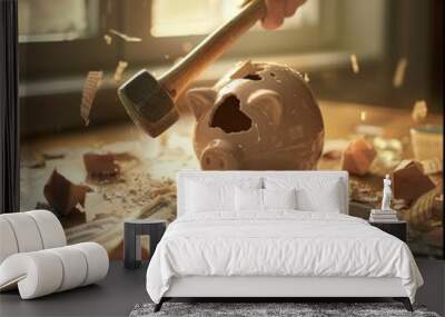 broken piggy bank with hammer and money on the wooden table Wall mural