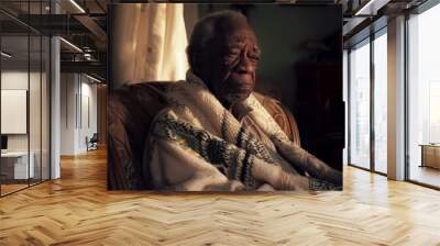 portrait of an old man sitting in a chair at home. Wall mural