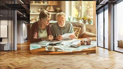 Senior couple calculating bills at home. Elderly man and woman sitting at the table and calculating bills. Wall mural