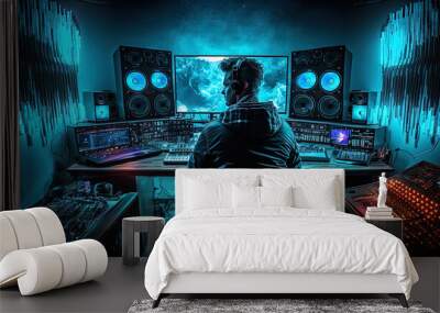 Dj Music Producer with headphones in their abstract recording studio. Generative Ai. Wall mural