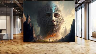 Fantasy surreal image of silhouette of a person standing in front of an enormous statue of a man's head. Generative AI, this image is not based on any original image, character or person. Wall mural