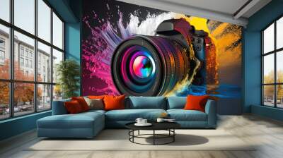 Generic DSLR camera with colourful light energy swirling around it.  Generative Ai. Wall mural