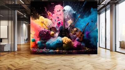 Guitars and drums  with rainbow paint energetic explosion, Generative AI. Wall mural