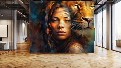 Portrait of a woman with a spirit Lion watching over her. Generative Ai. Wall mural