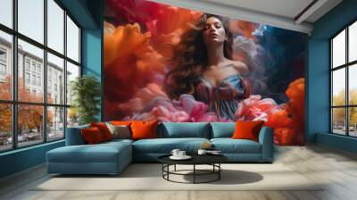 Woman with long brown hair emerging from colourful fluid like smoke. Generative Ai. Wall mural