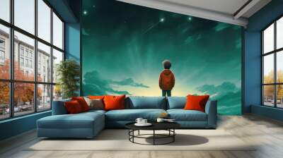 An illustration of a lonely boy with a red jacket dreaming while looking at a greenish and starry sky at night. Copy space for text, advertising, message, logo Wall mural