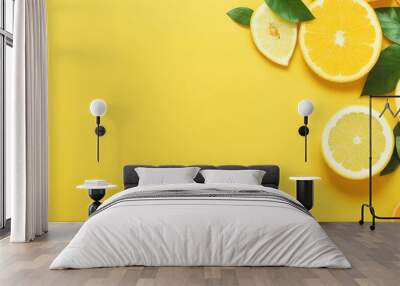 Background of a tropical summer with flowers, leaves, and citrus fruits. Lemon, lime, and orange on a yellow background. summertime idea. top view, copy space, and a flat lay Wall mural