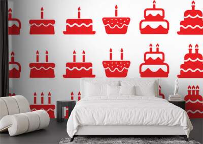 Pixel perfect icon set of birthday cake. Cakes for celecbration with one, two or three candles. Isolated on white or transparent background, thin line icons, red color flat vector illustrations Wall mural