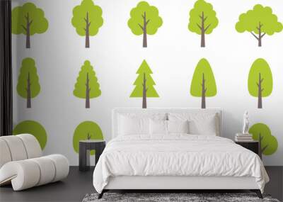 Pixel perfect icon set of green trees in various shapes. Forest, nature, tree concept. Simple icons, flat vector illustrations. Isolated on white, transparent background Wall mural