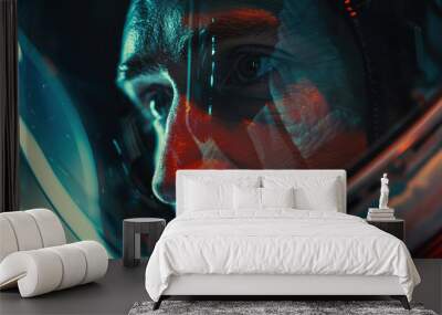 Portrait of astronaut cosmonaut with helmet glass protective mask and reflections. Concept of space futuristic adventure science technology spaceman traveller explorer pilot tourist  Wall mural